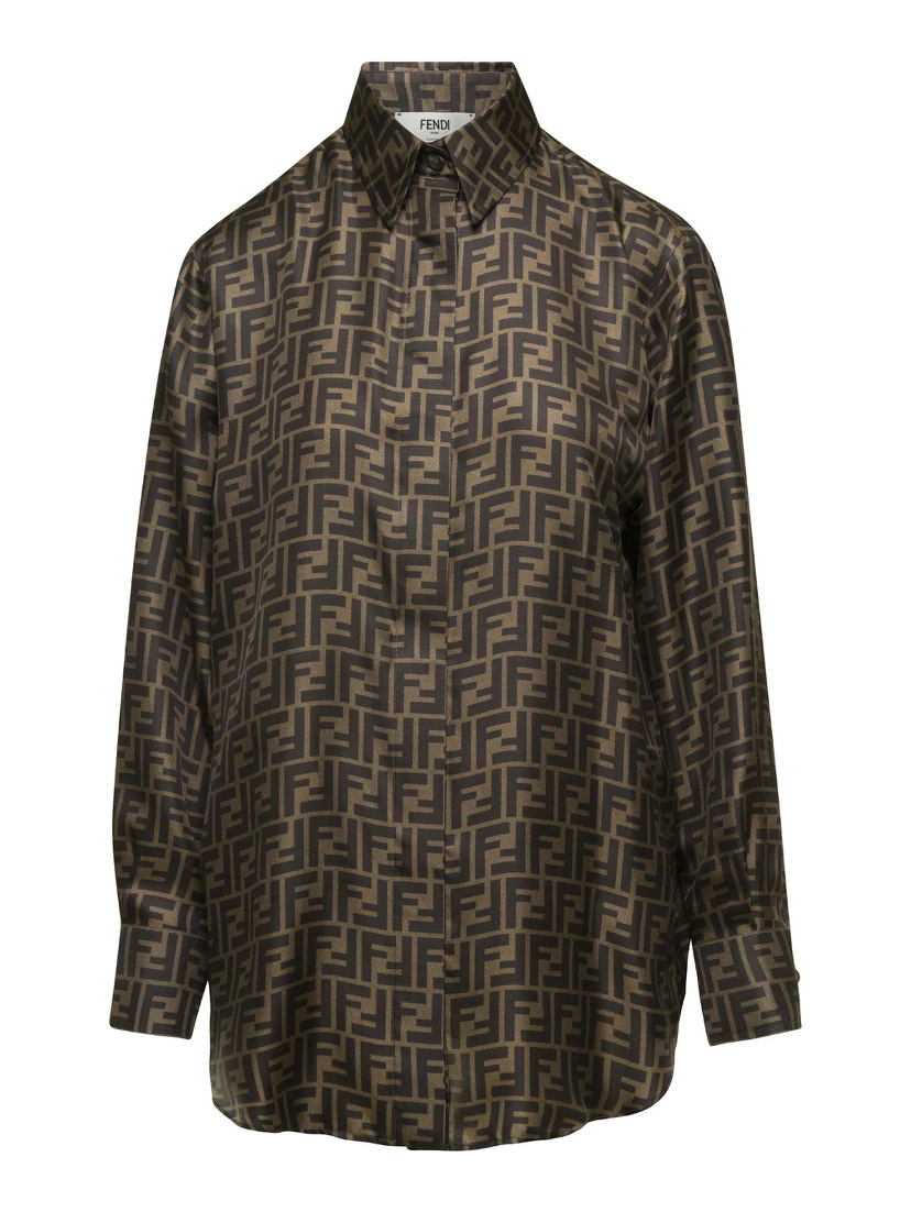 Brown Shirt with Pointed Collar and All-Over FF Print in Silk Woman