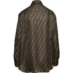 Brown Shirt with Pointed Collar and All-Over FF Print in Silk Woman