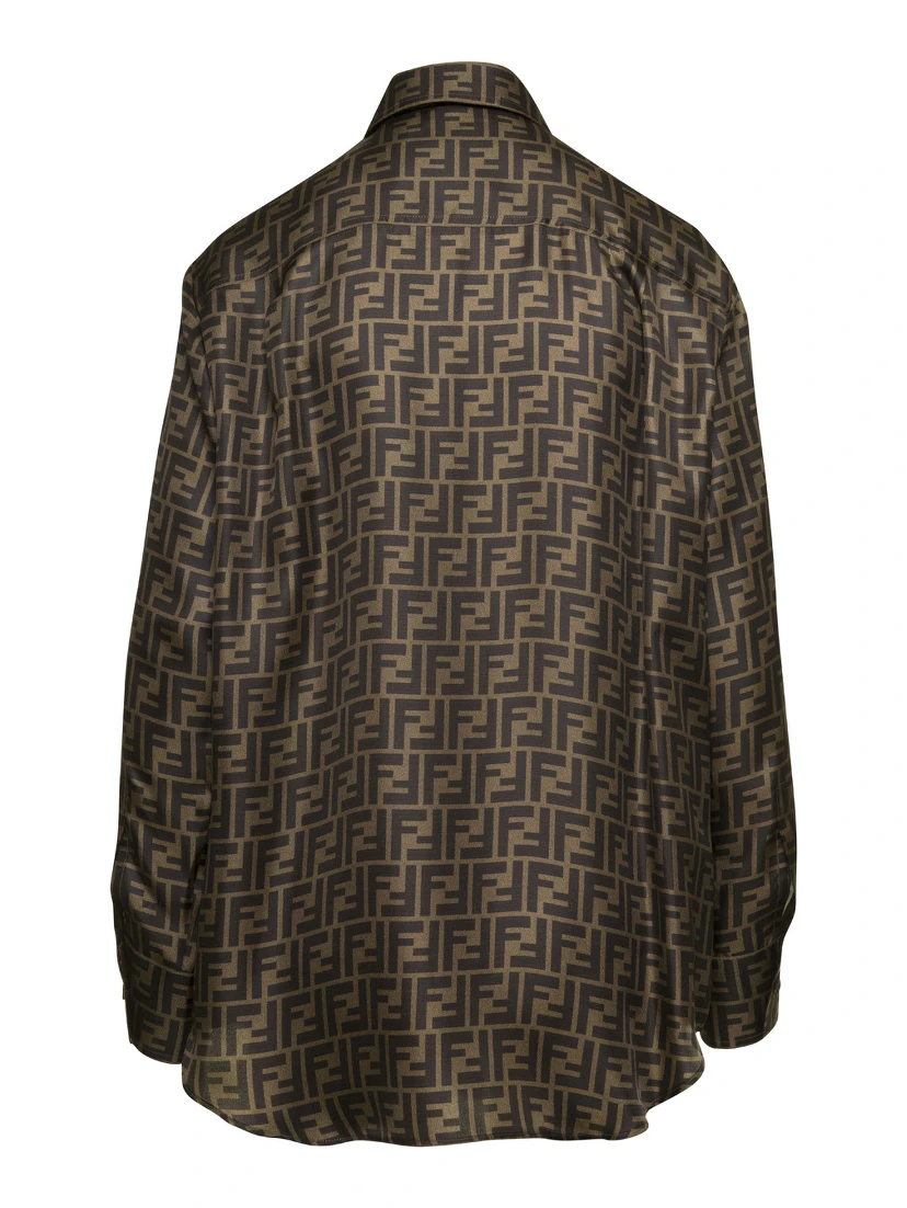 Brown Shirt with Pointed Collar and All-Over FF Print in Silk Woman