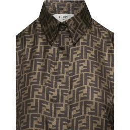 Brown Shirt with Pointed Collar and All-Over FF Print in Silk Woman