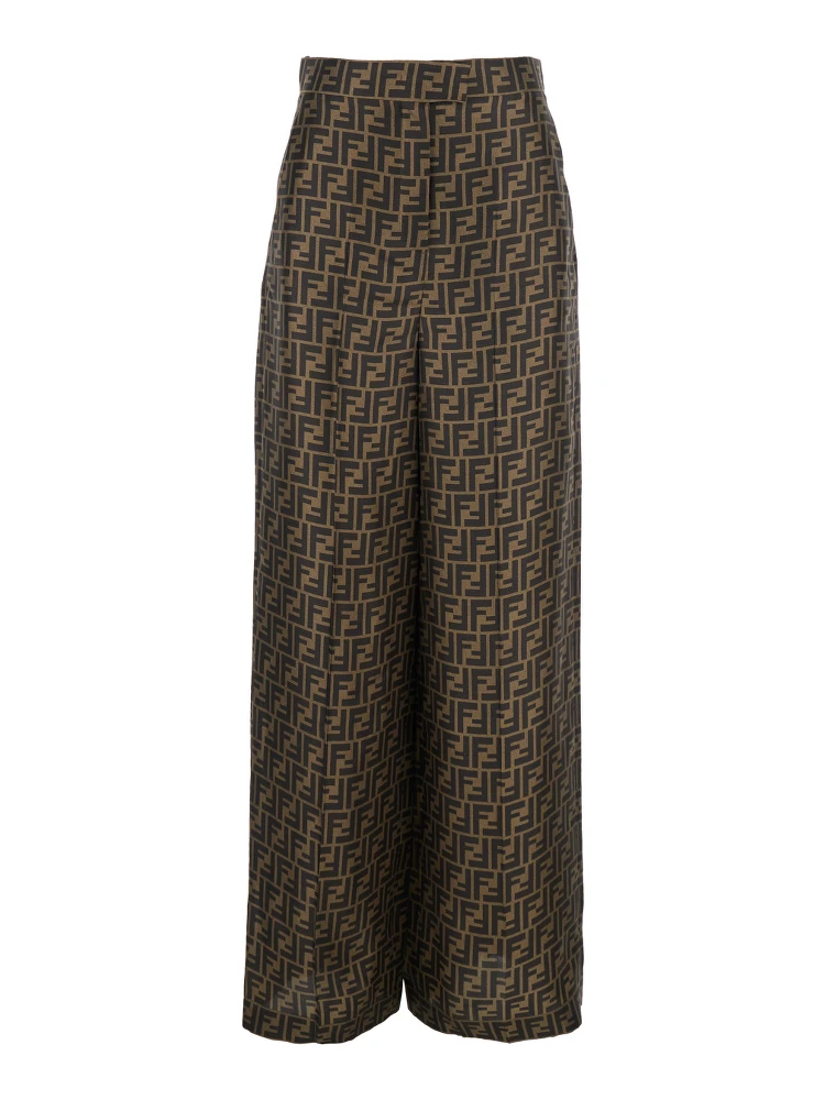 Brown Pants with Wide Leg and All-Over FF Motif in Silk Woman