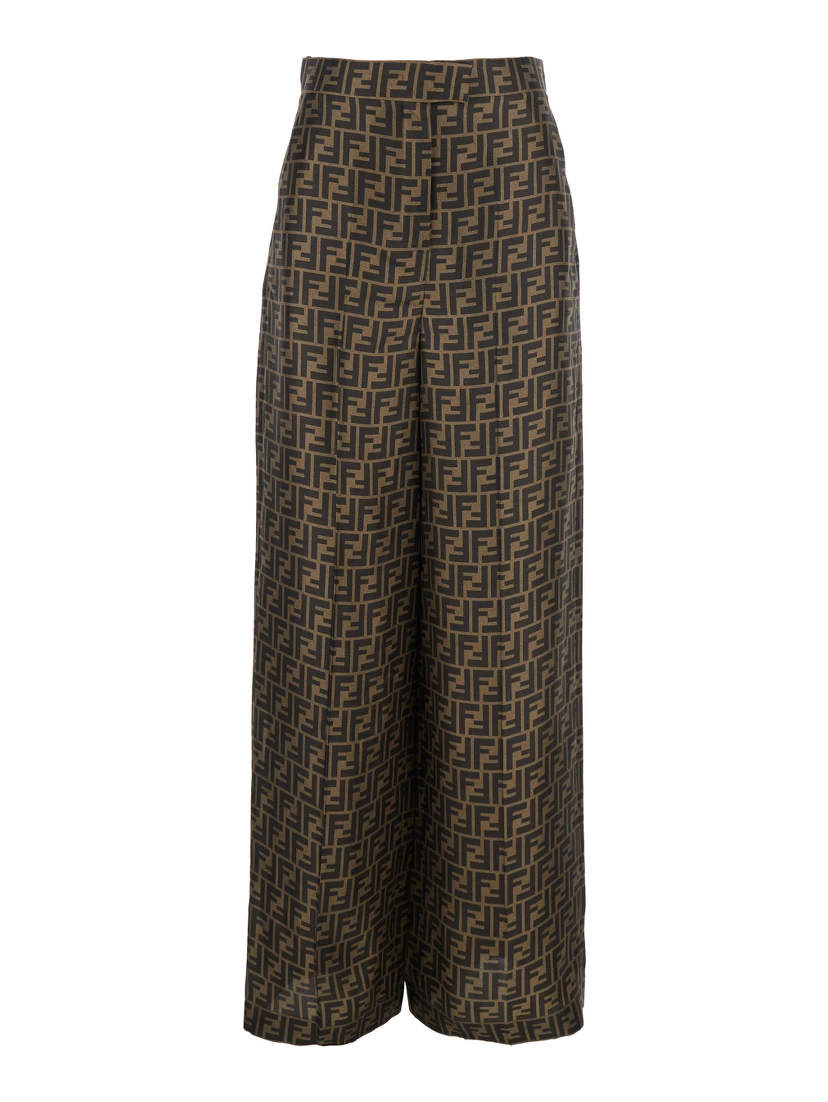Brown Pants with Wide Leg and All-Over FF Motif in Silk Woman