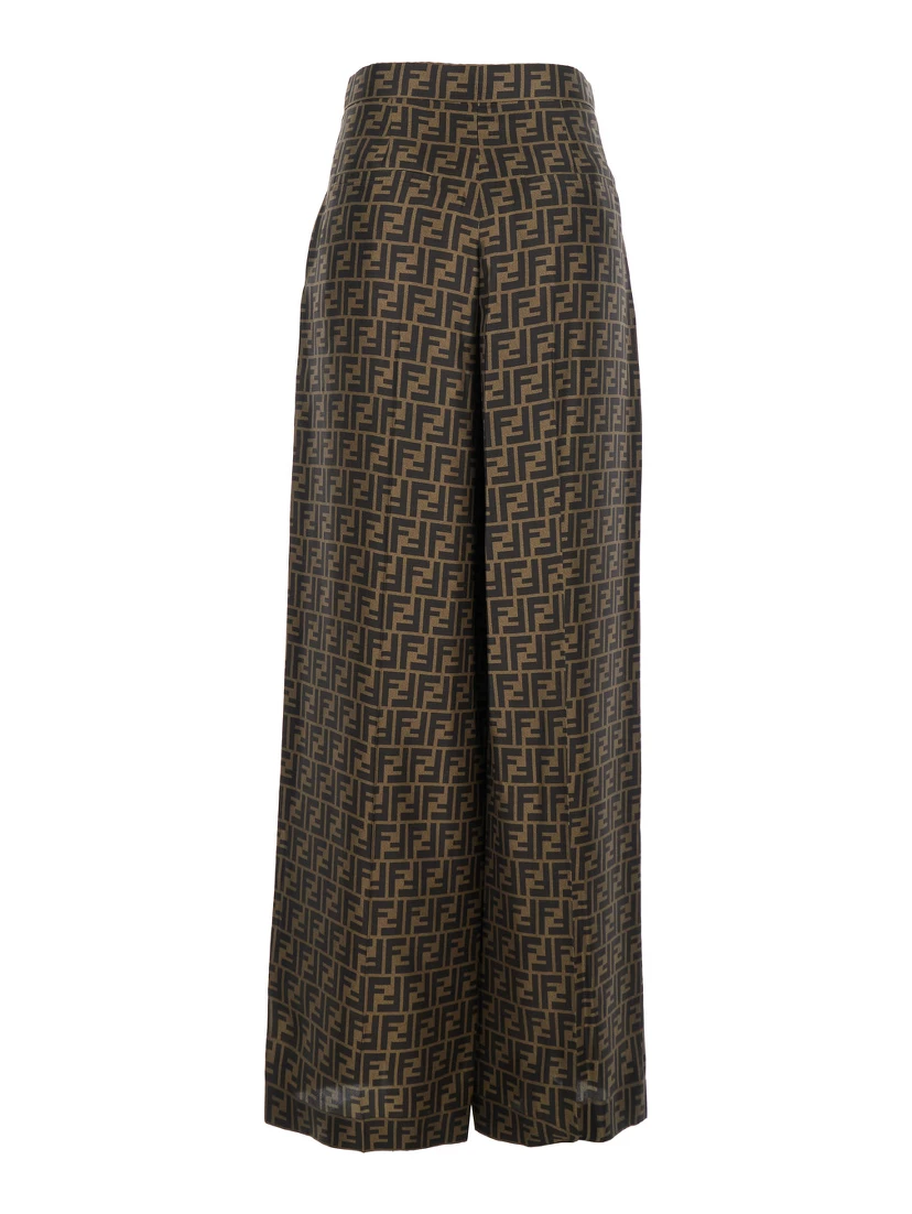 Brown Pants with Wide Leg and All-Over FF Motif in Silk Woman