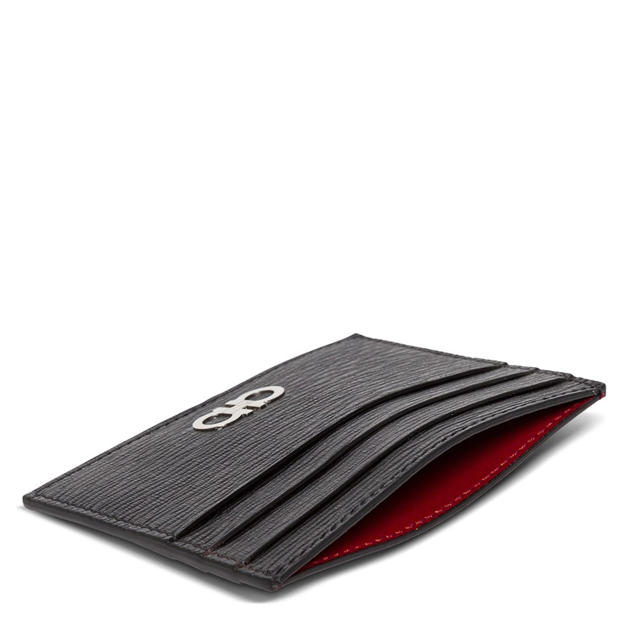 Salvatore Ferragamo Mans Revival Black  Leather Card Holder with Gancini Buckle