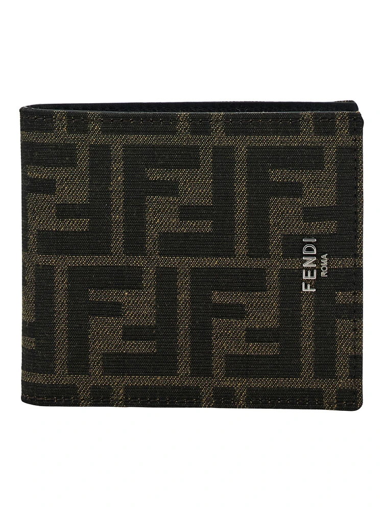Brown and Tobacco Bi-Fold Wallet with Fendi Roma Lettering in Leather Man