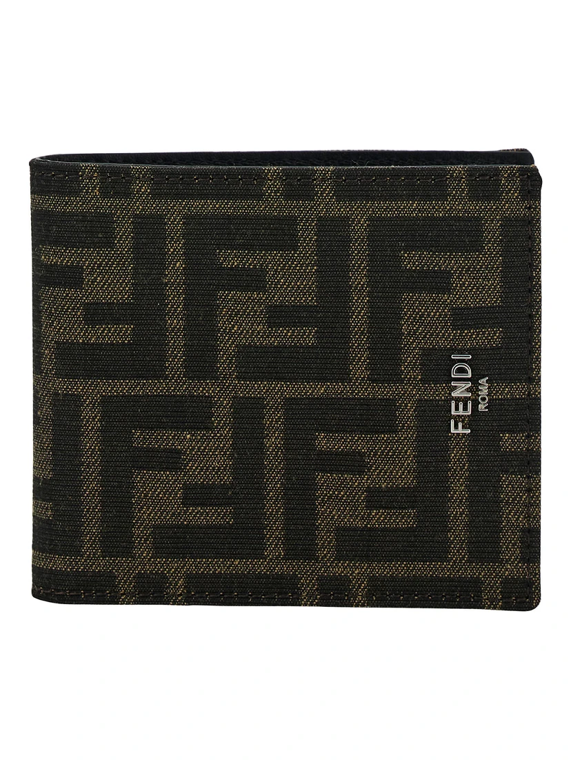 Brown and Tobacco Bi-Fold Wallet with Fendi Roma Lettering in Leather Man