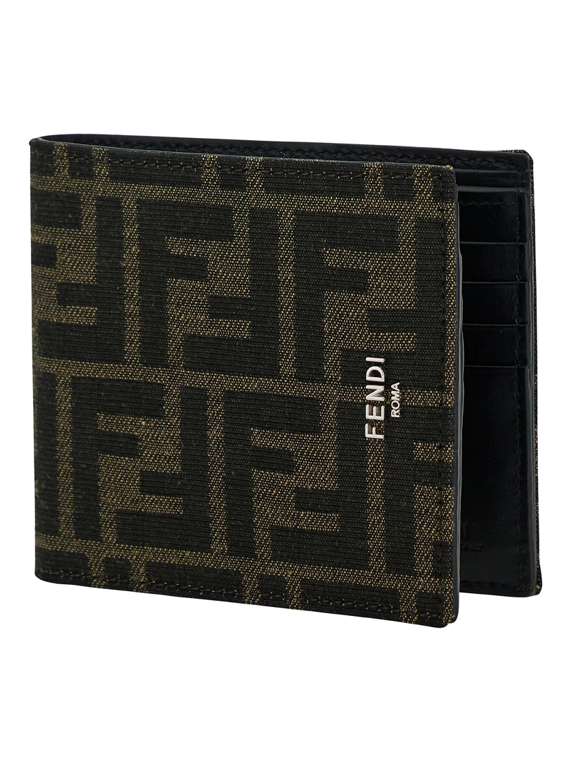Brown and Tobacco Bi-Fold Wallet with Fendi Roma Lettering in Leather Man