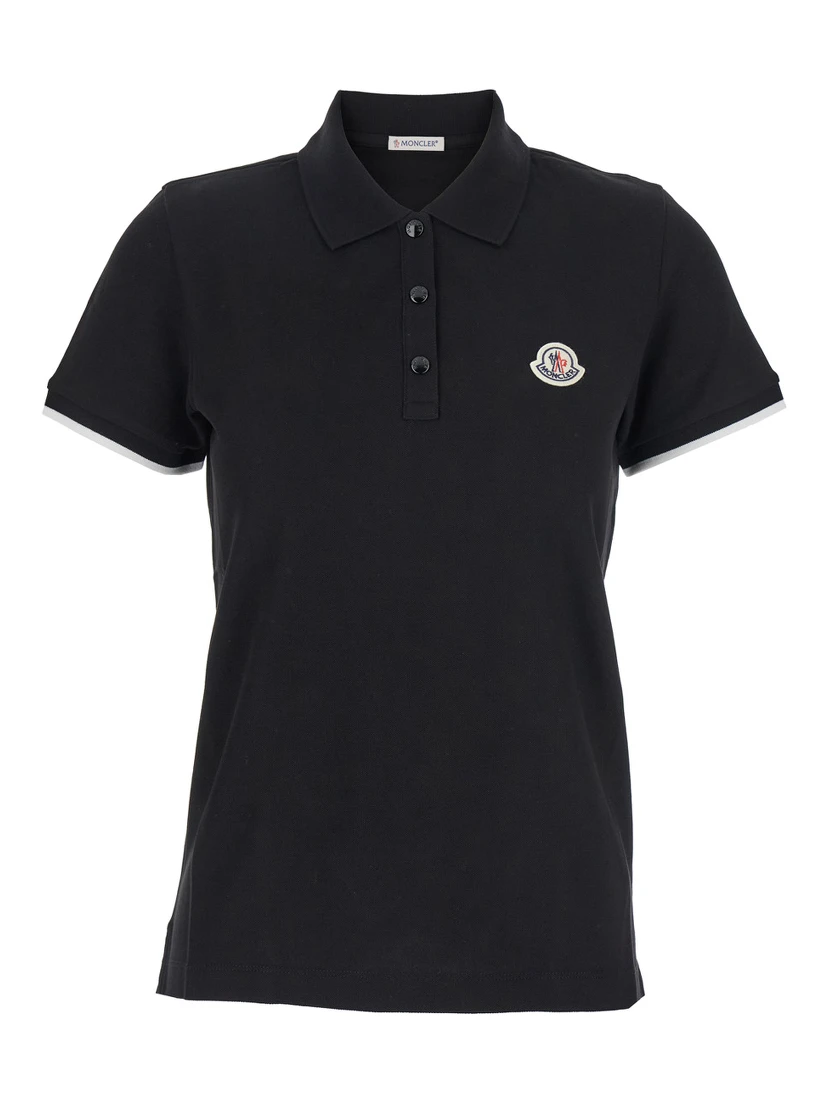 Black Polo Shirt with Logo Patch on the Front in Cotton Woman
