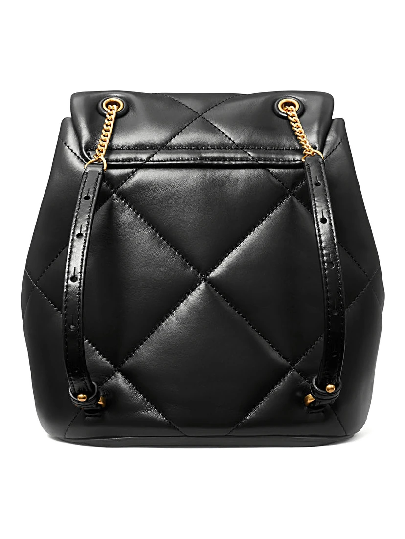 Kira Black Backpack with Metallic Logo Plate on the Front in Quilted Leather Woman