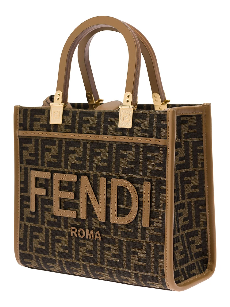 Sunshine Small Brown Tote Bag with Logo in FF Jacquard Canvas and Leather Woman alternative