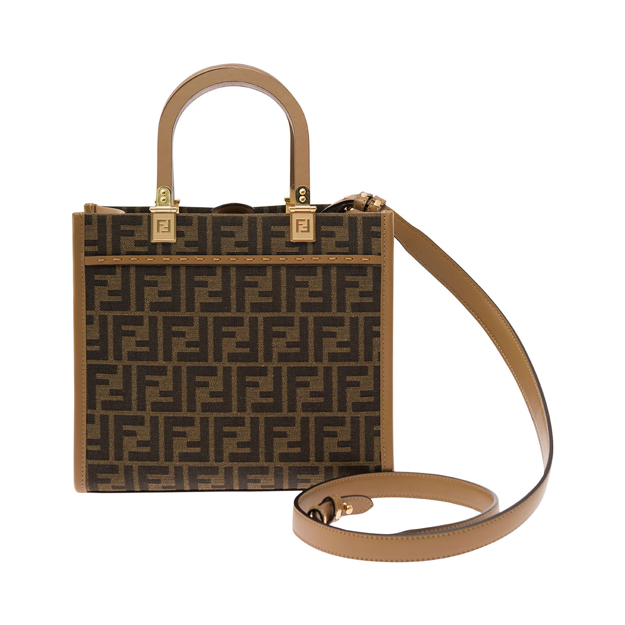 Sunshine Small Brown Tote Bag with Logo in FF Jacquard Canvas and Leather Woman