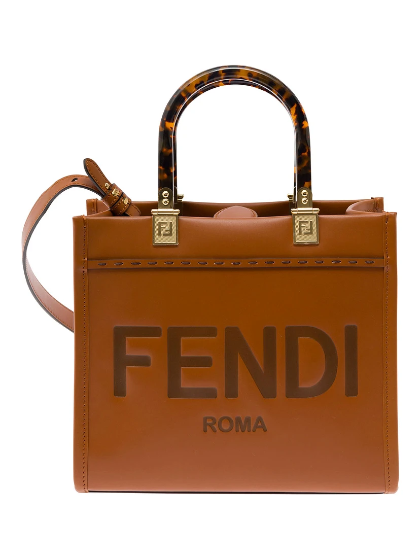 Sunshine Small Brown Tote Bag with Embossed Logo and Tortoiseshell Handles in Leather Woman