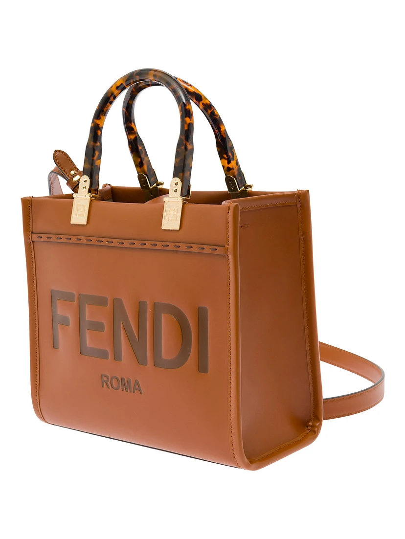 Sunshine Small Brown Tote Bag with Embossed Logo and Tortoiseshell Handles in Leather Woman