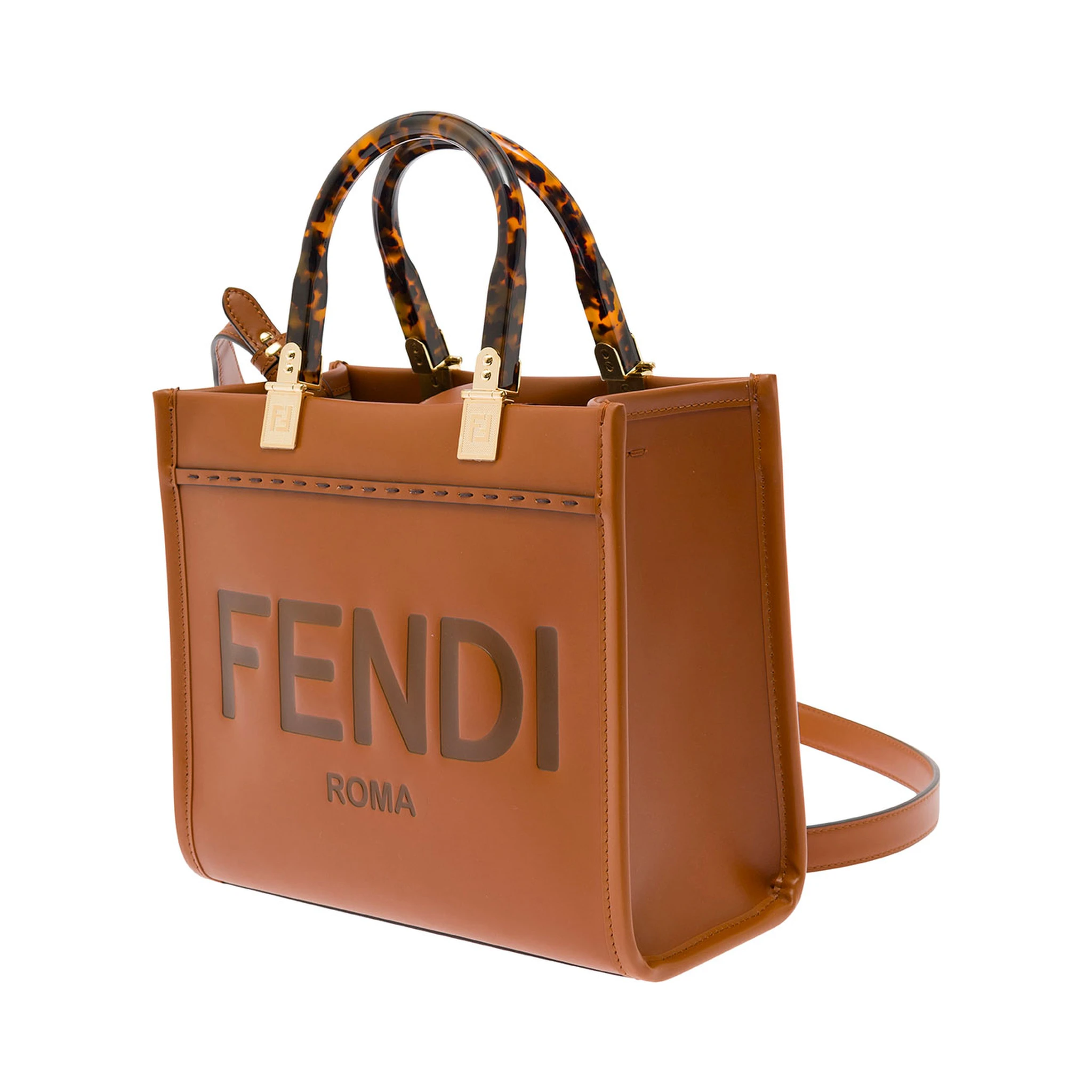 Sunshine Small Brown Tote Bag with Embossed Logo and Tortoiseshell Handles in Leather Woman