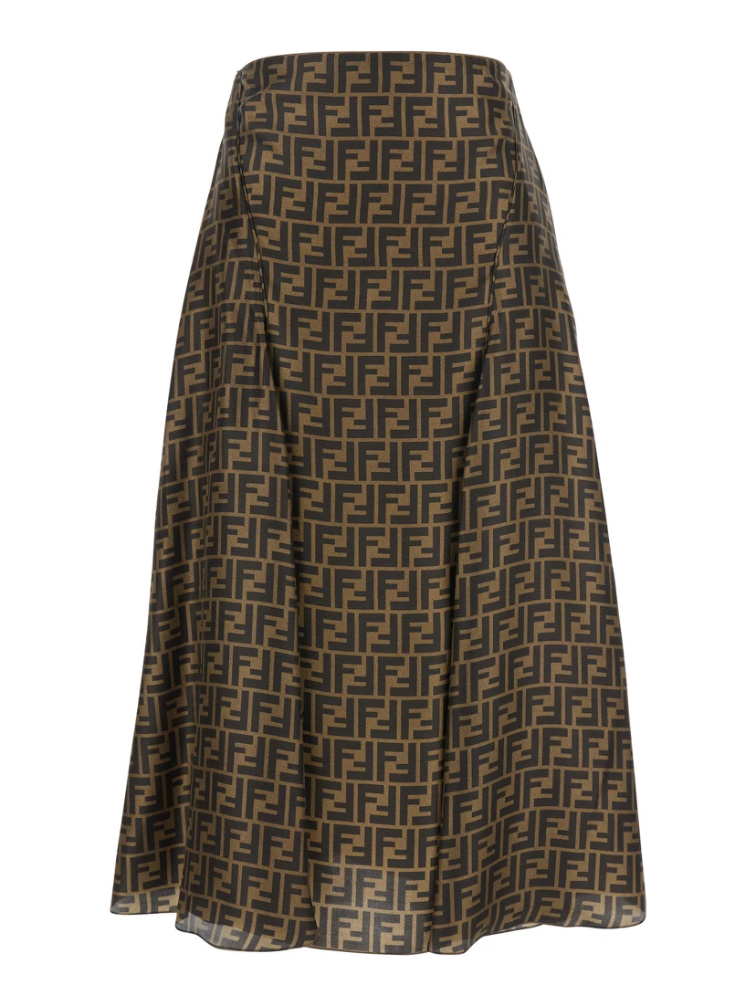 Brown Flared Midi Skirt with All-Over FF Motif in Silk Woman