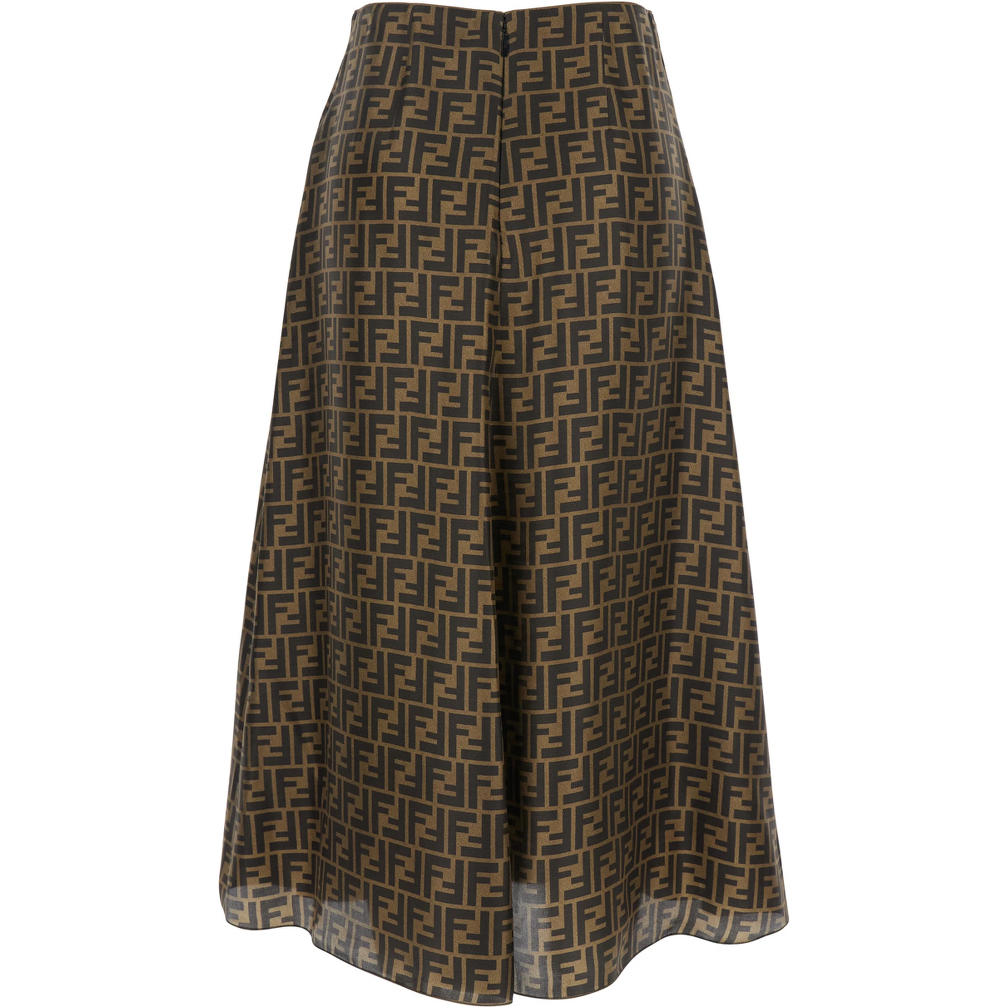Brown Flared Midi Skirt with All-Over FF Motif in Silk Woman