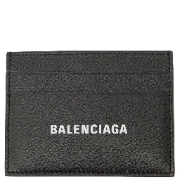 Black Card Holder with Logo Lettering on the Front in Grained Leather Man
