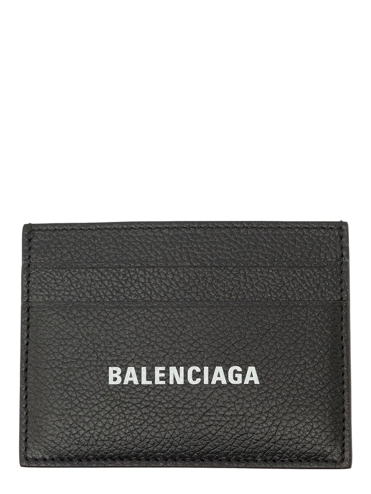 Black Card Holder with Logo Lettering on the Front in Grained Leather Man