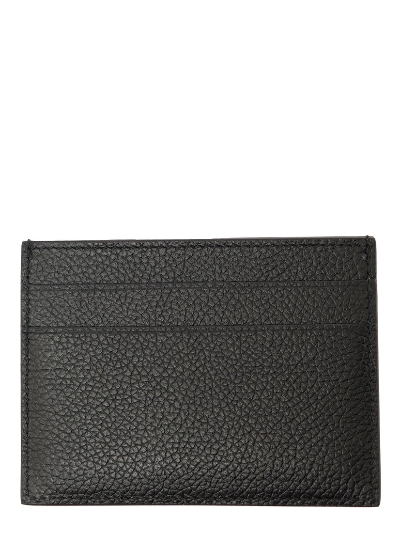 Black Card Holder with Logo Lettering on the Front in Grained Leather Man