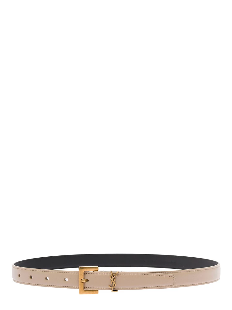 YSL Beige Leather Belt with Logo Buckle Woman Saint Laurent