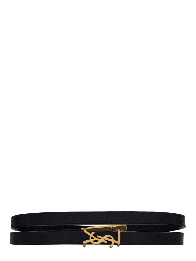Black Double Thin Bracelet with Cassandre Plaque on the Front in Grained Leather Woman