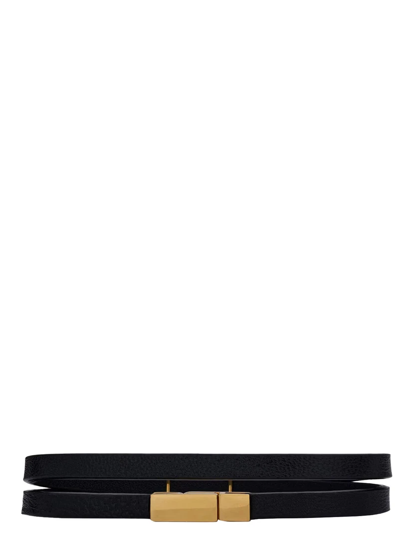 Black Double Thin Bracelet with Cassandre Plaque on the Front in Grained Leather Woman