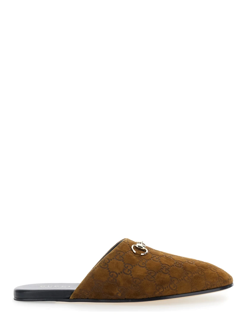 Brown Mule with Horsebit on the Front and All-Over GG Motif in Suede Man