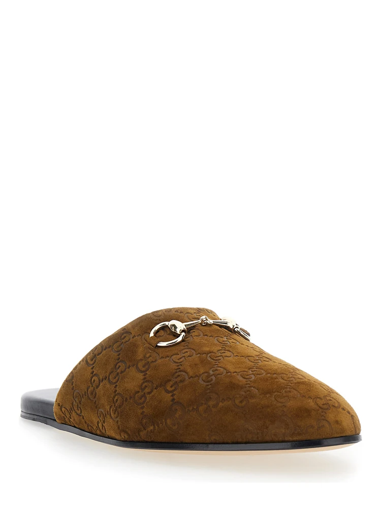Brown Mule with Horsebit on the Front and All-Over GG Motif in Suede Man alternative
