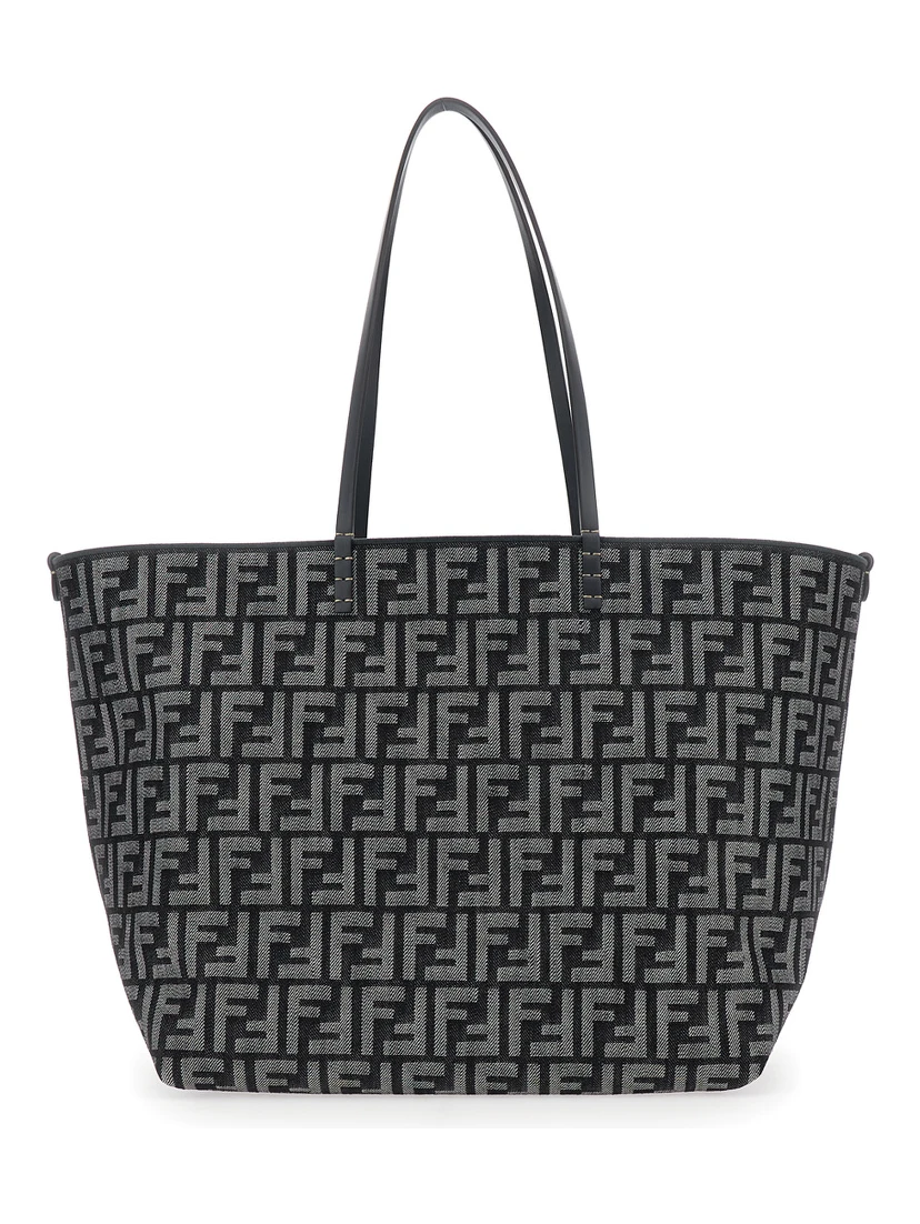 Roll Large Blu Shopper with All-Over FF Motif in Cotton Blend with Sponge Effect Woman