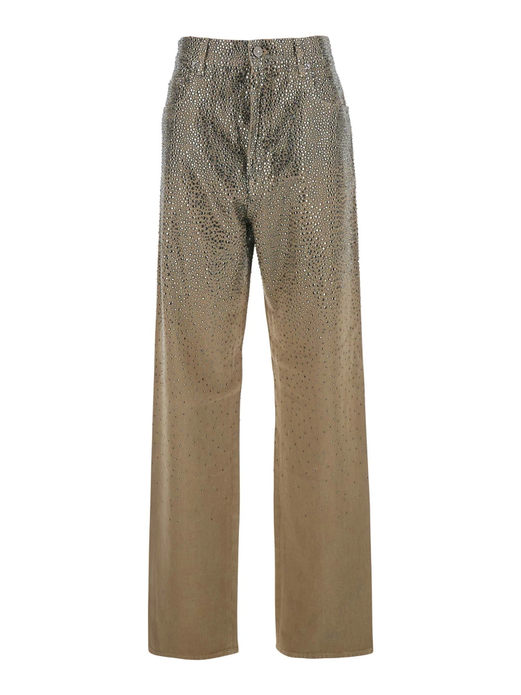 Beige Pants with Faded Crystal Embellishment and Belt Loops in Cotton Blend Woman