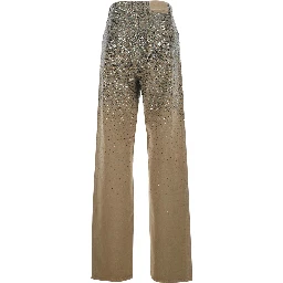 Beige Pants with Faded Crystal Embellishment and Belt Loops in Cotton Blend Woman
