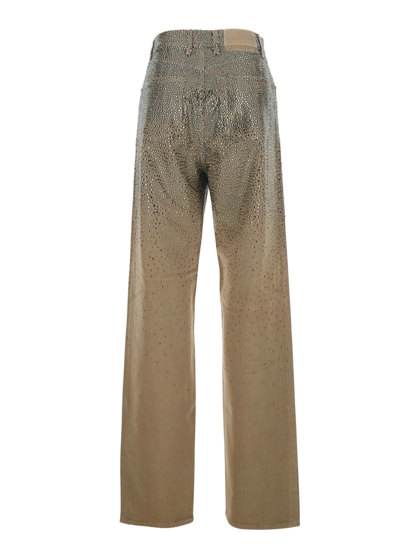 Beige Pants with Faded Crystal Embellishment and Belt Loops in Cotton Blend Woman