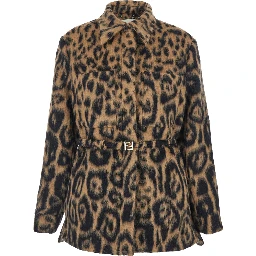 Multicolor Coat with FF Buckled Belt on the Front and All-Over Leopard Motif in Wool Blend Woman