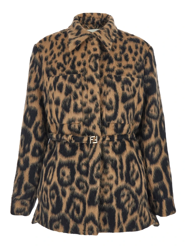 Multicolor Coat with FF Buckled Belt on the Front and All-Over Leopard Motif in Wool Blend Woman