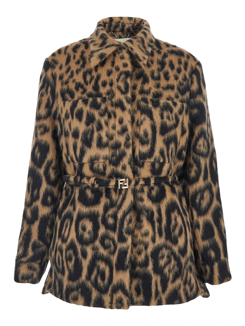 Multicolor Coat with FF Buckled Belt on the Front and All-Over Leopard Motif in Wool Blend Woman