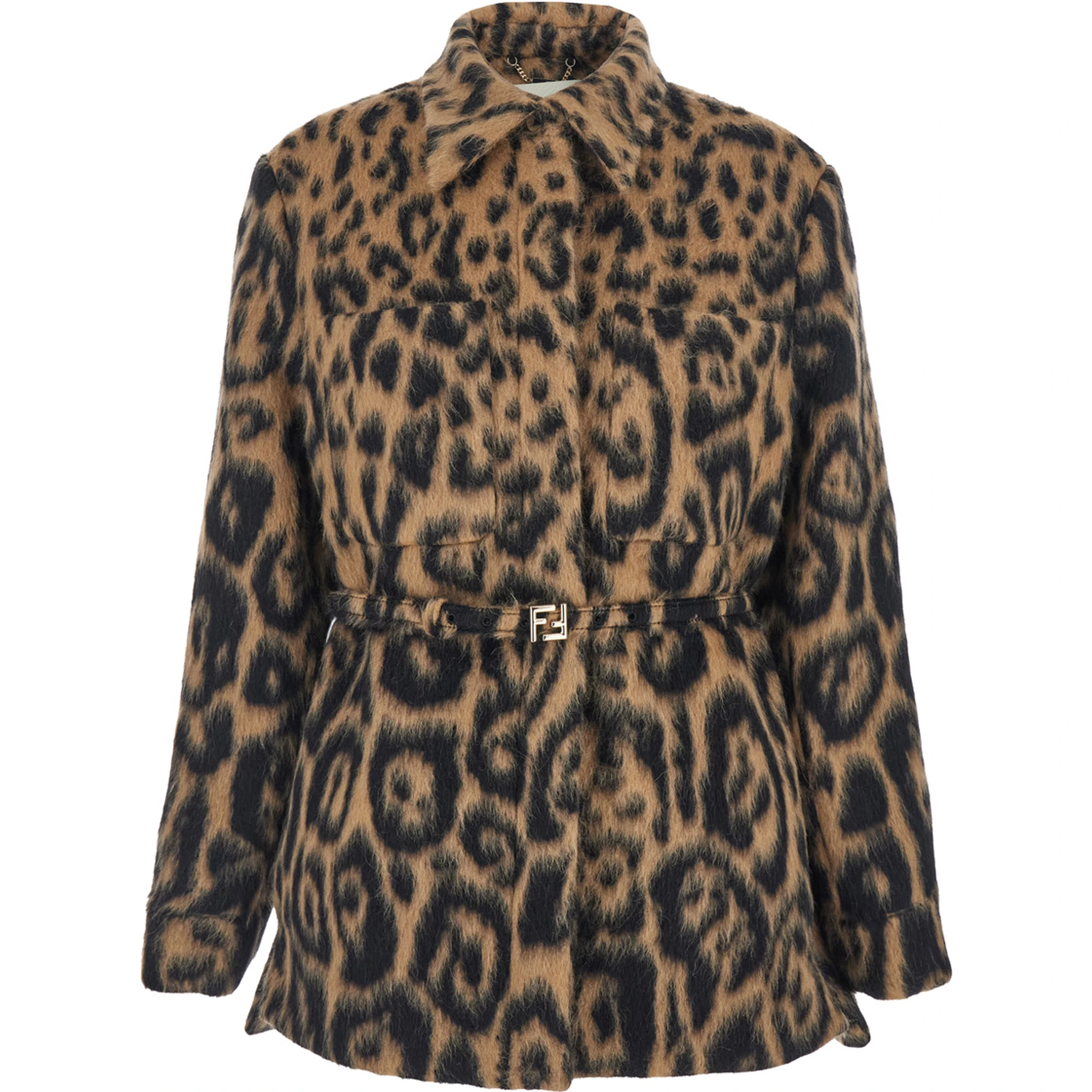 Multicolor Coat with FF Buckled Belt on the Front and All-Over Leopard Motif in Wool Blend Woman