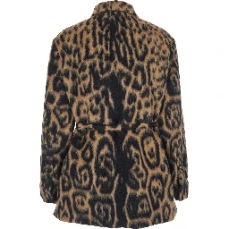 Multicolor Coat with FF Buckled Belt on the Front and All-Over Leopard Motif in Wool Blend Woman