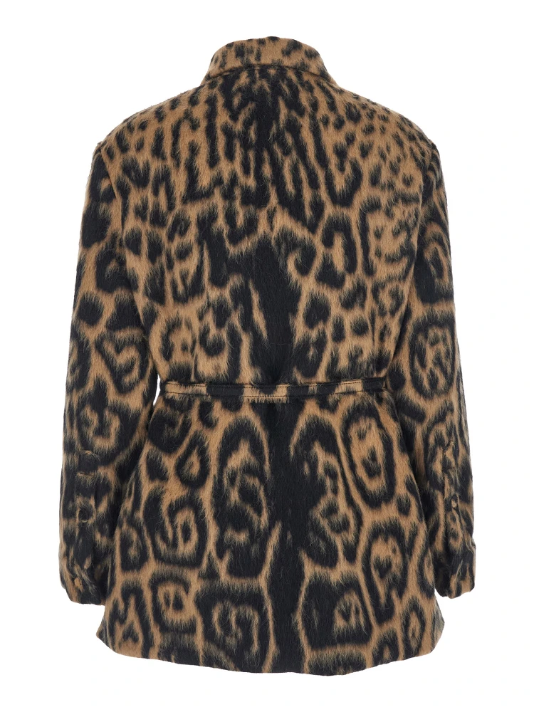 Multicolor Coat with FF Buckled Belt on the Front and All-Over Leopard Motif in Wool Blend Woman alternative