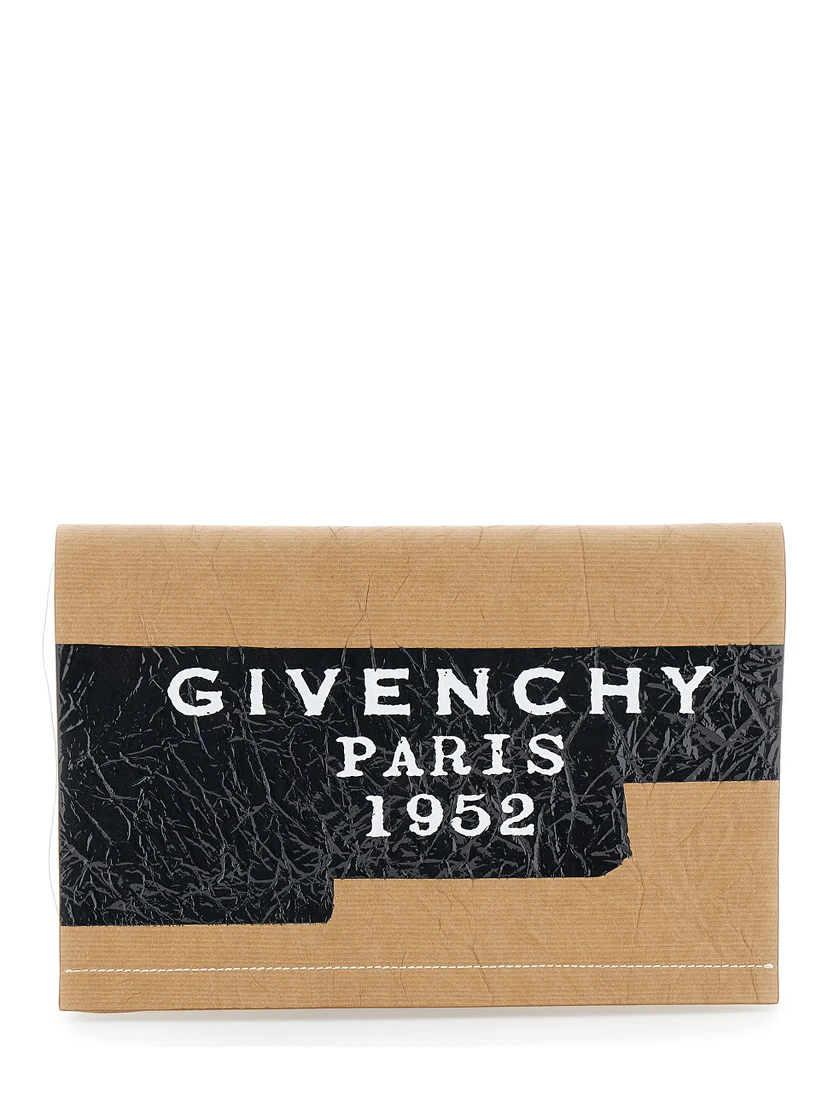 Beige Clutch Bag with Crinkled Effect and Logo Lettering on the Front in Leather Woman