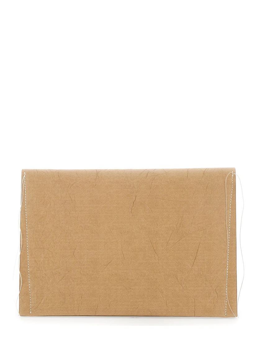 Beige Clutch Bag with Crinkled Effect and Logo Lettering on the Front in Leather Woman