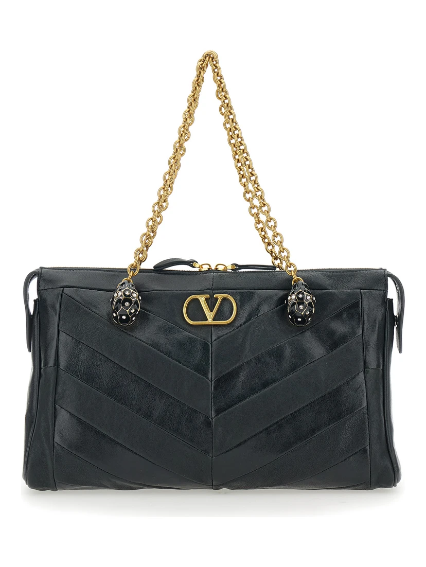 Panthea Black Shoulder Bag with VLogo Plaque on the Front and Panther Embellishment in Leather Woman