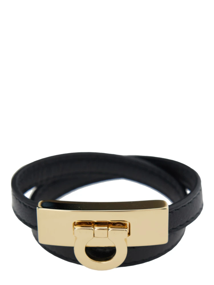 Gancini Black Double Twist Bracelet in Leather Woman
