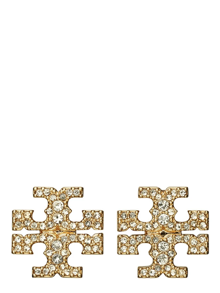 Kira Metallic Earings with Double T Motif and Crystal Embellishments in Gold Plated Brass Woman