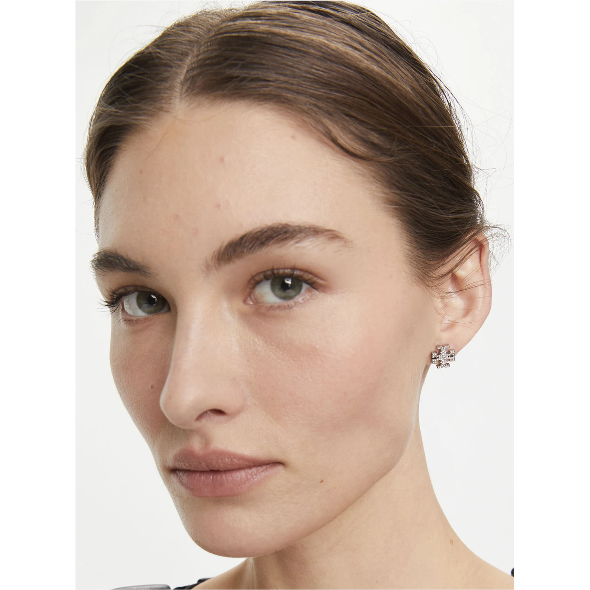 Kira Metallic Earings with Double T Motif and Crystal Embellishments in Gold Plated Brass Woman