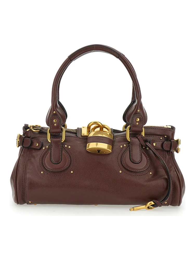 Paddington Brown Shoulder Bag with Oversized Padlock and C-Shaped Buckles in Grainy Leather Woman