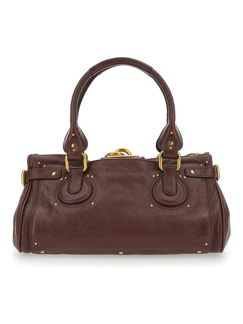 Paddington Brown Shoulder Bag with Oversized Padlock and C-Shaped Buckles in Grainy Leather Woman