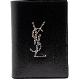 Black Leather Wallet with YSL Metal Logo Man