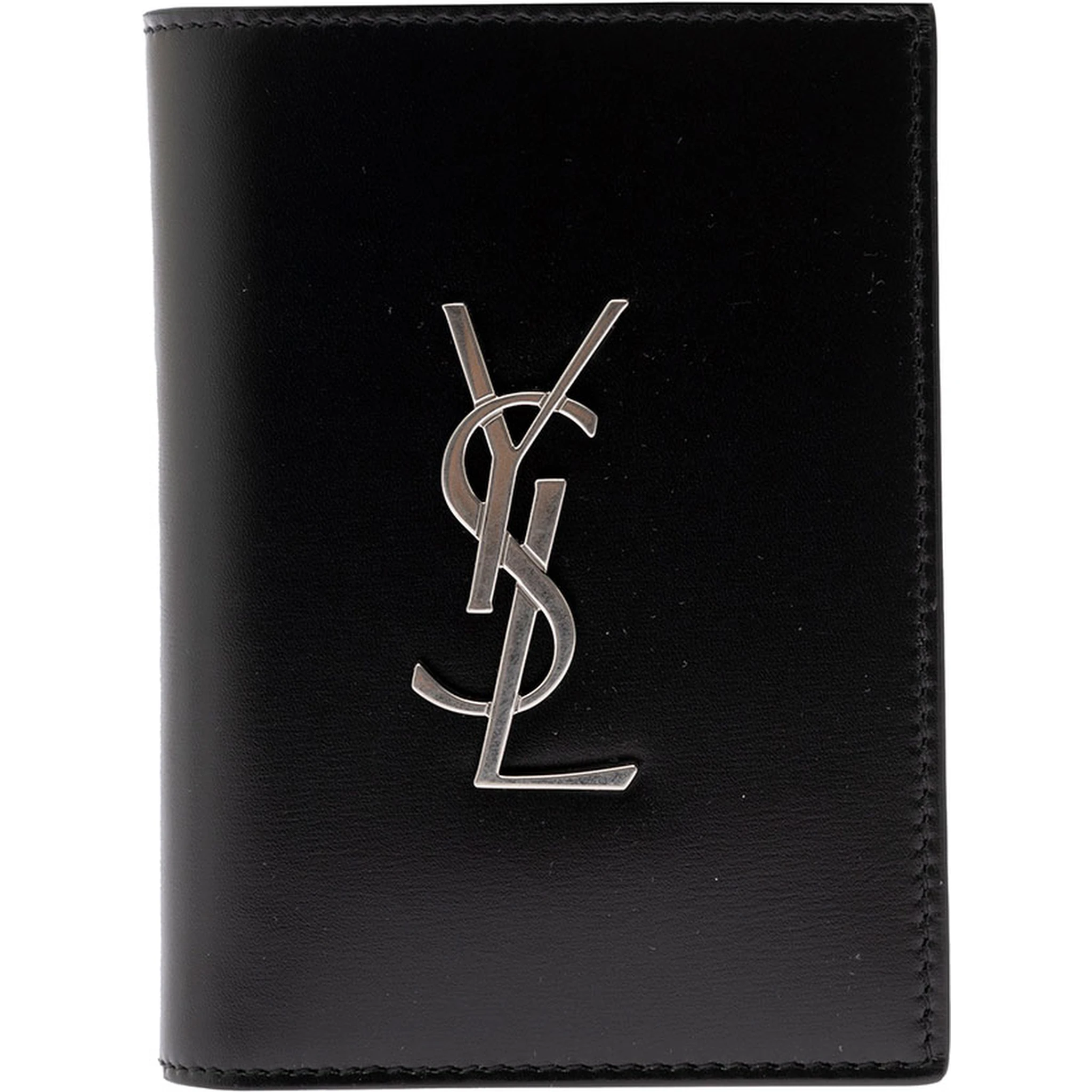 Black Leather Wallet with YSL Metal Logo Man