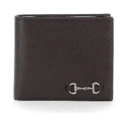Brown Bi-Fold Wallet with Horsebit on the Front and Embossed Logo on the Inside in Leather Man