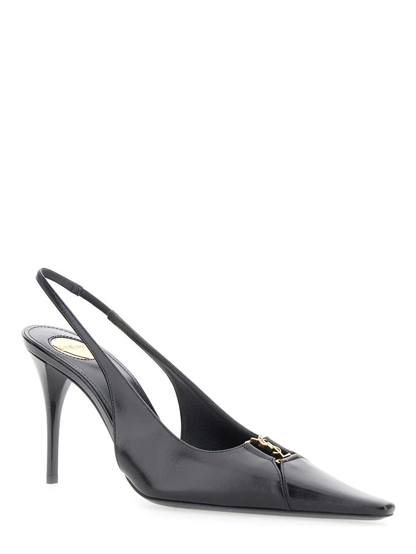 Babylone Black Slingback Pumps with Cut-Out Toe with Cassandre Plaque and High Stiletto Heel in Leather Woman